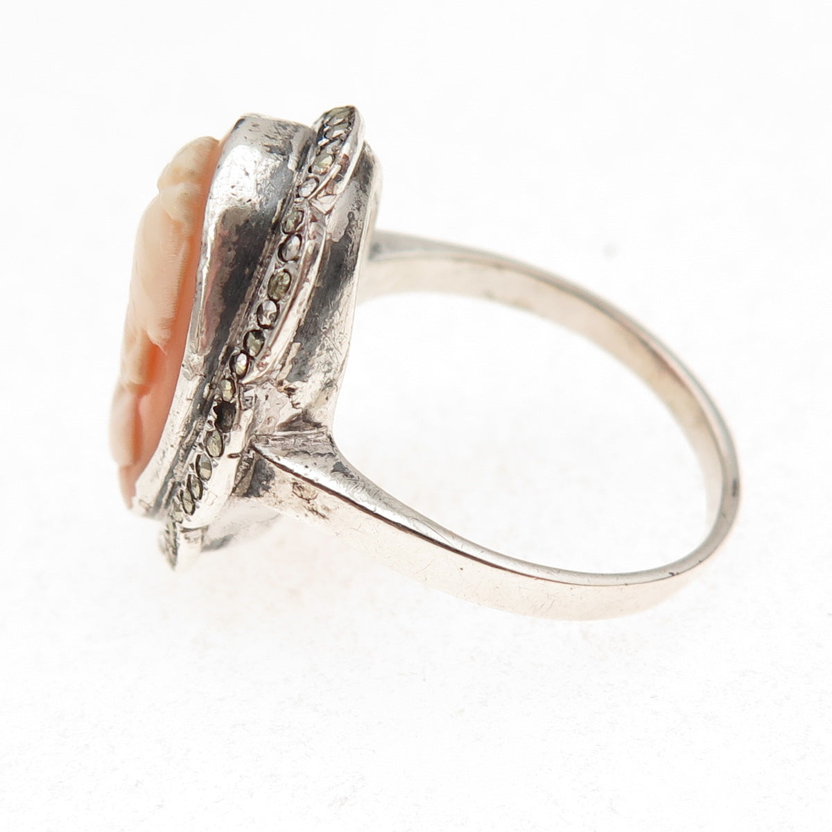 925 Sterling Silver Antique Art Deco Real MOP & Marcasite Lady Cameo Ring Size 9