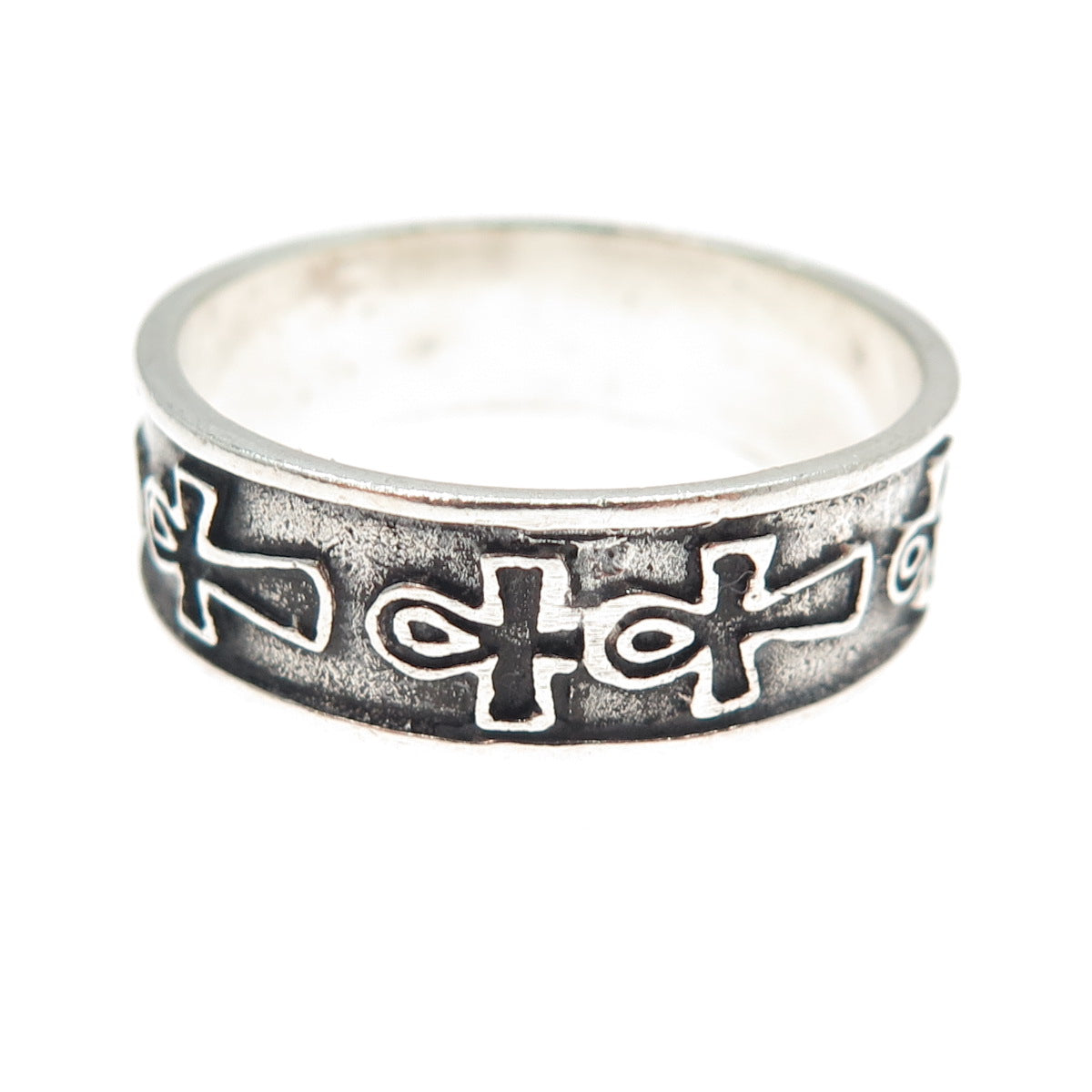 925 Sterling Silver Vintage Egyptian Ankh Oxidized Band Ring Size 12.25