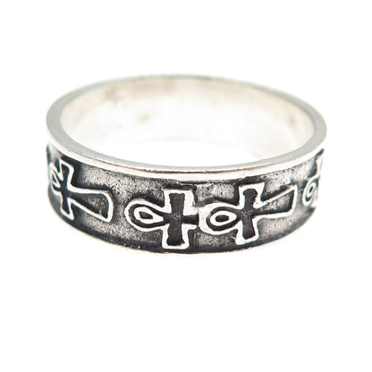 925 Sterling Silver Vintage Egyptian Ankh Oxidized Band Ring Size 12.25