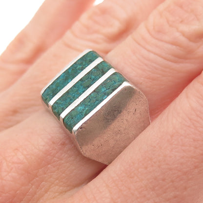 925 Sterling Silver Vintage Mexico Real Turquoise Inlay Oxidized Ring Size 10