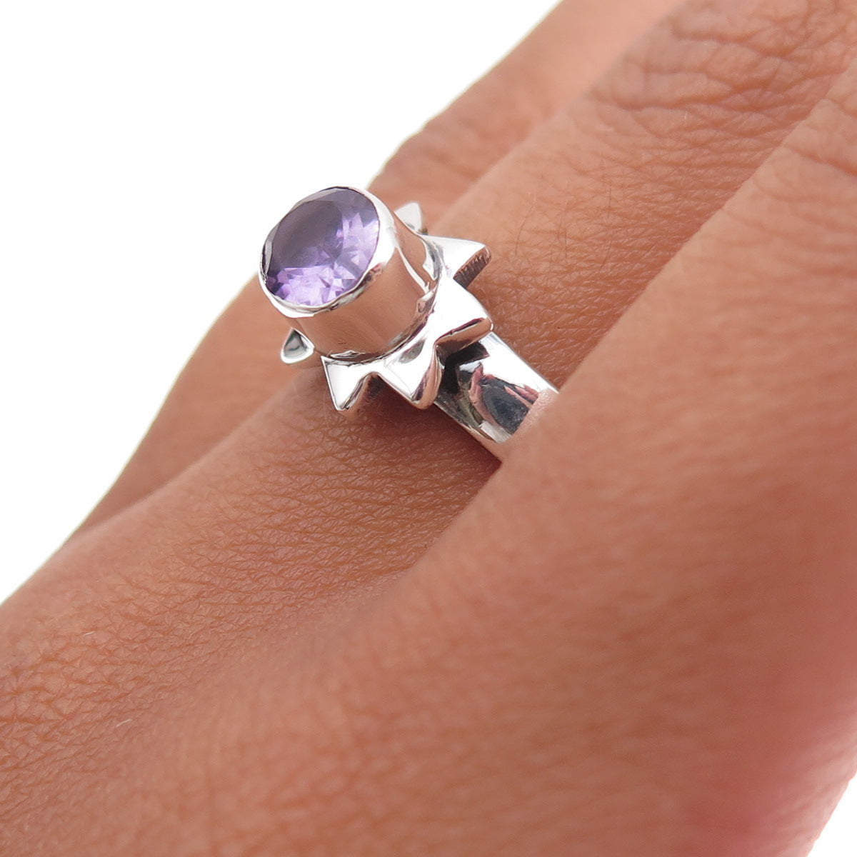 925 Sterling Silver Vintage Real Amethyst Modernist Sun Oxidized Ring Size 7.75
