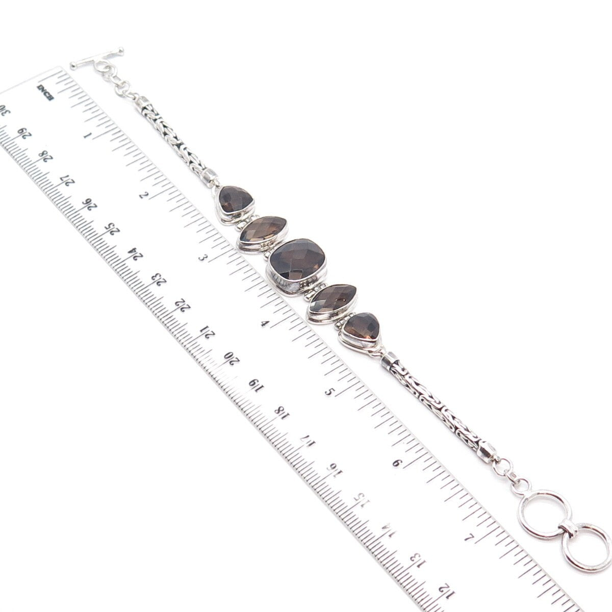 925 Sterling Silver Vintage Real Smoky Quartz Byzantine Link Bracelet 7.25"