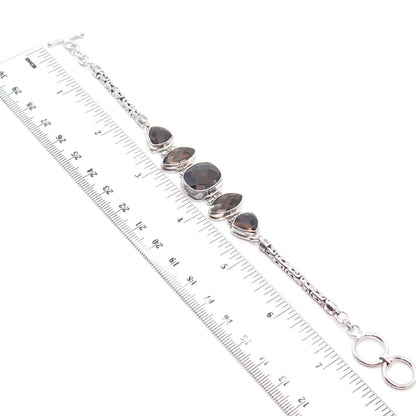 925 Sterling Silver Vintage Real Smoky Quartz Byzantine Link Bracelet 7.25"
