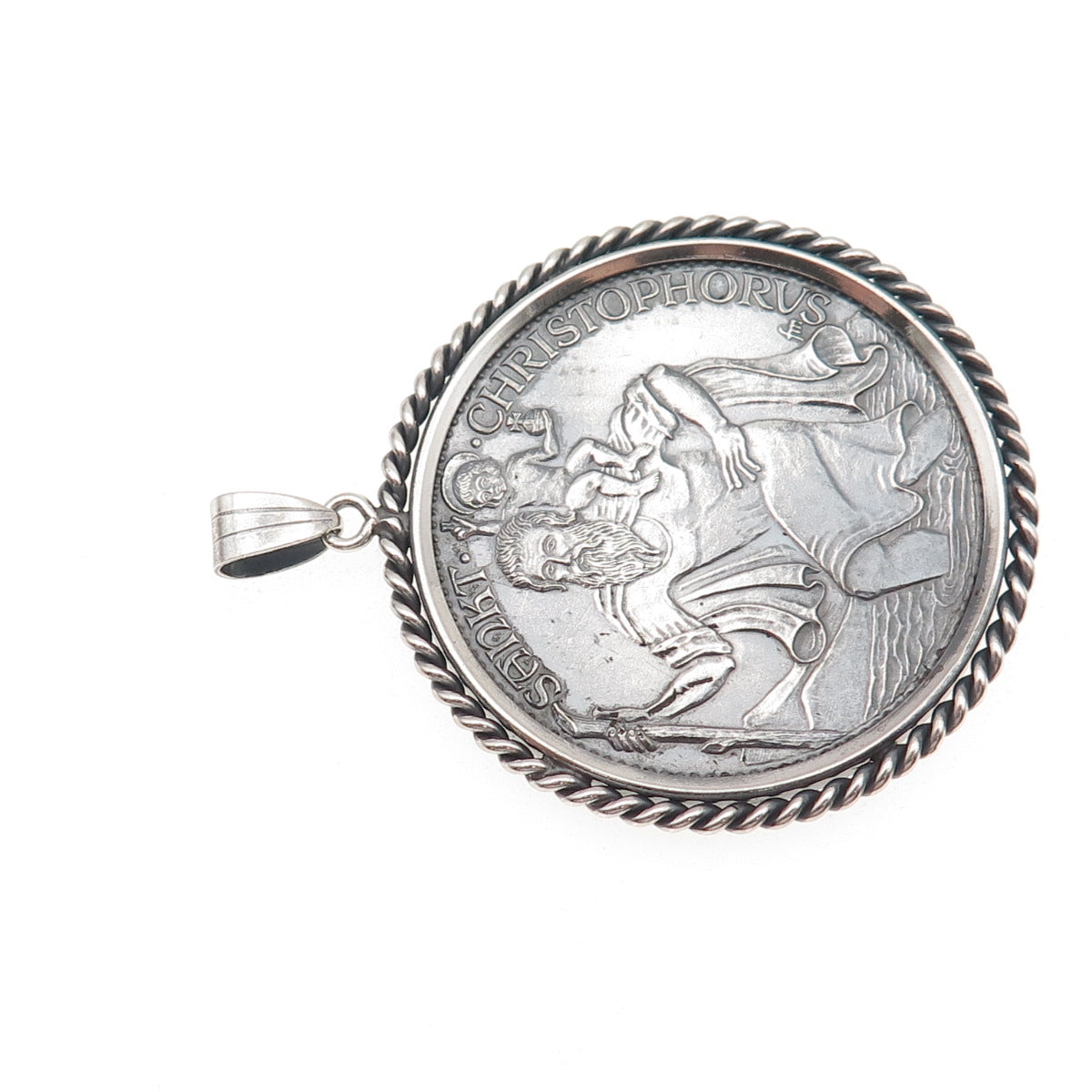 925 Sterling Frame & 1000 Silver Coin Vintage St. Christopher Zodiac Pendant