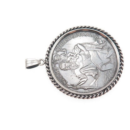 925 Sterling Frame & 1000 Silver Coin Vintage St. Christopher Zodiac Pendant