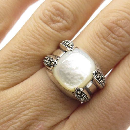 925 Sterling Silver Vintage Mother-of-Pearl & Marcasite Gemstone Ring Size 6.75