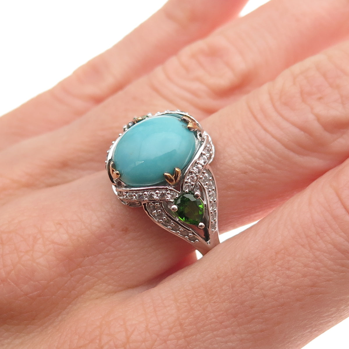 925 Sterling Silver 2-Tone Real Turquoise Peridot & White Topaz Ring Size 8.25