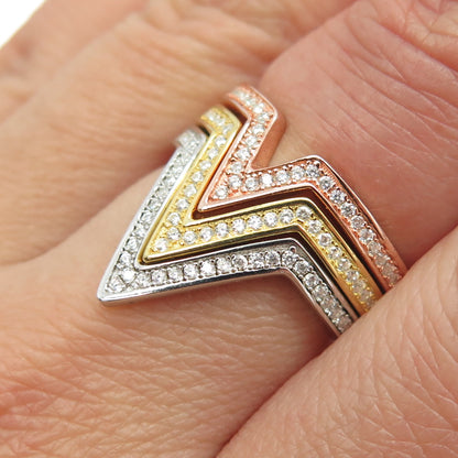 925 Sterling Silver 3-Tone Pave C Z Letter "V" Sign Set of 3 Ring Size 7.25