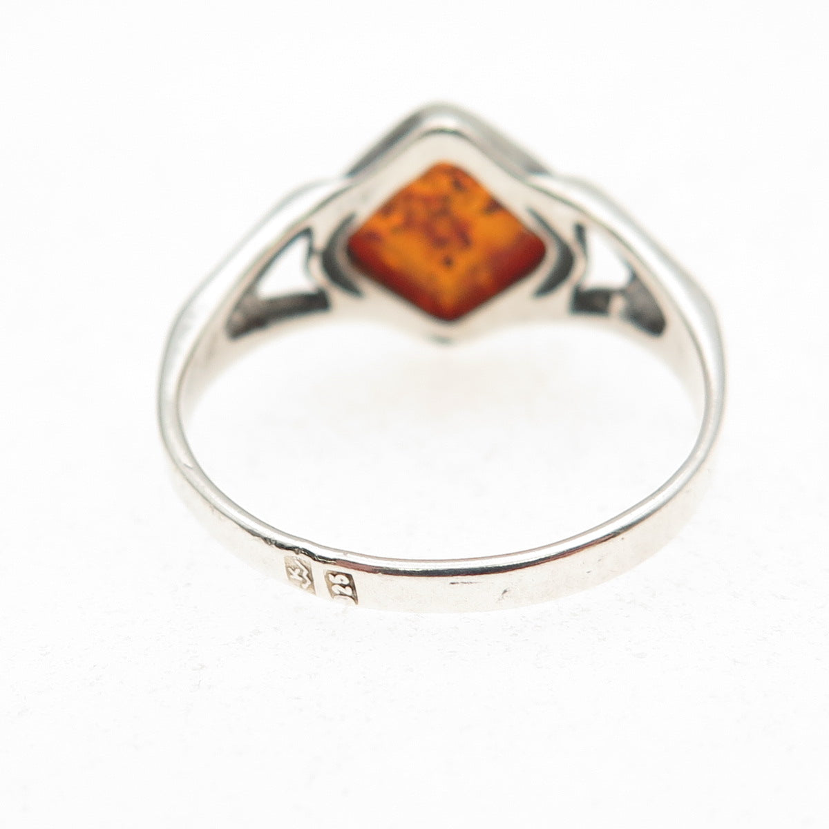 925 Sterling Silver Vintage KW Poland Real Amber Modernist Ring Size 7.75