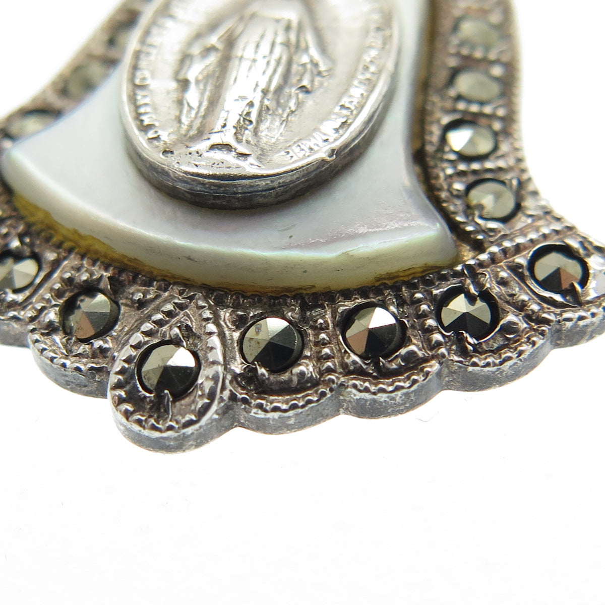 THEDA Sterling Silver Antique Art Deco Real MOP Marcasite St. Mary Bell Pendant