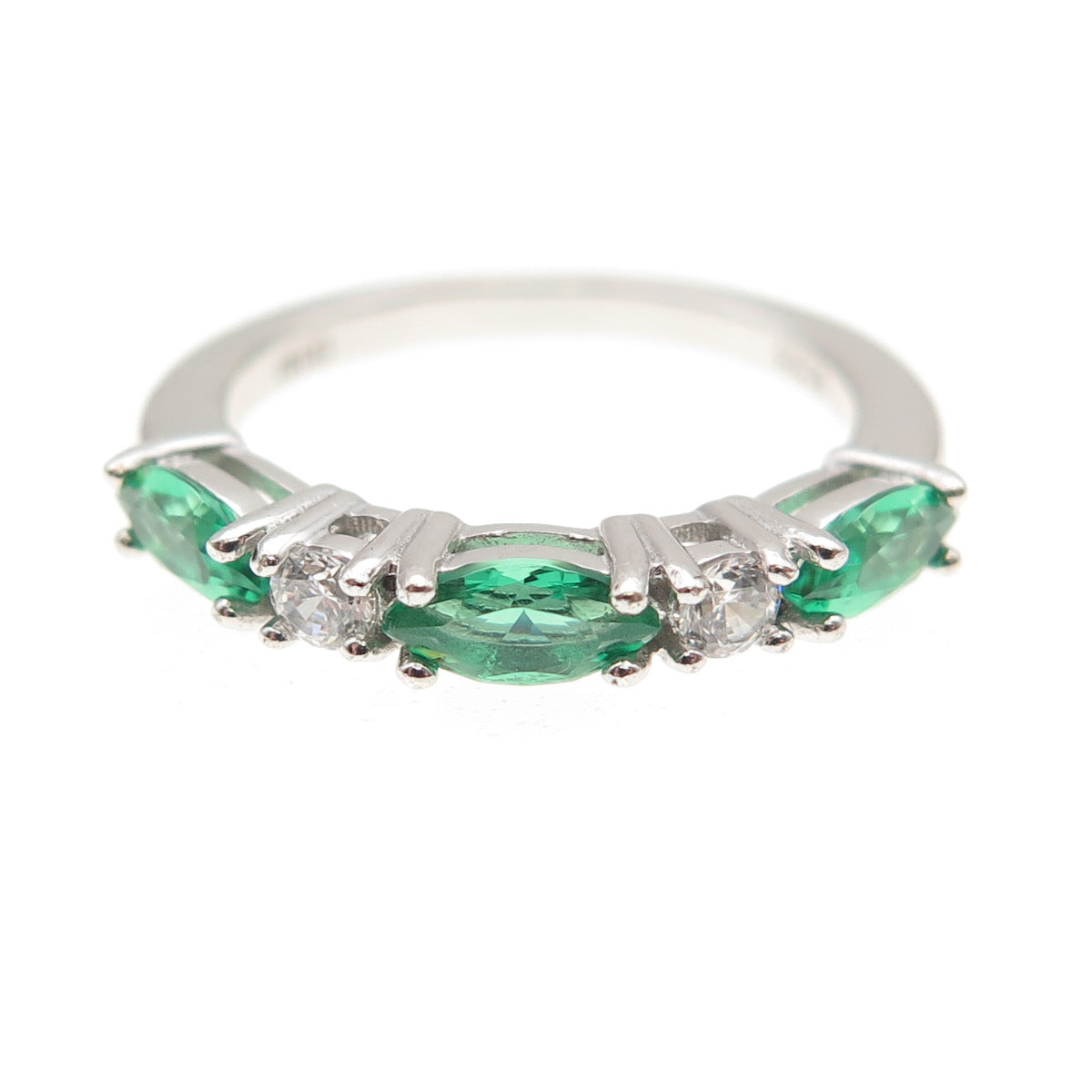 925 Sterling Silver Marquise-Cut Green & Round-Cut White C Z Ring Size 5