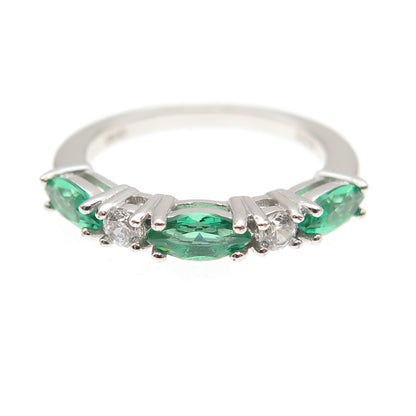 925 Sterling Silver Marquise-Cut Green & Round-Cut White C Z Ring Size 5