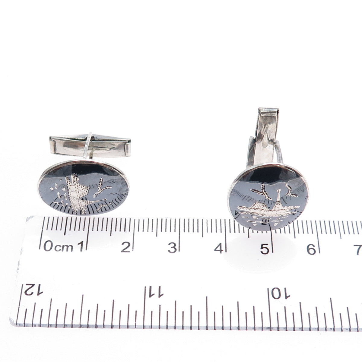 925 Sterling Silver Antique Siam Niello Hindu Temple Cufflinks