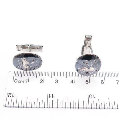 925 Sterling Silver Antique Siam Niello Hindu Temple Cufflinks