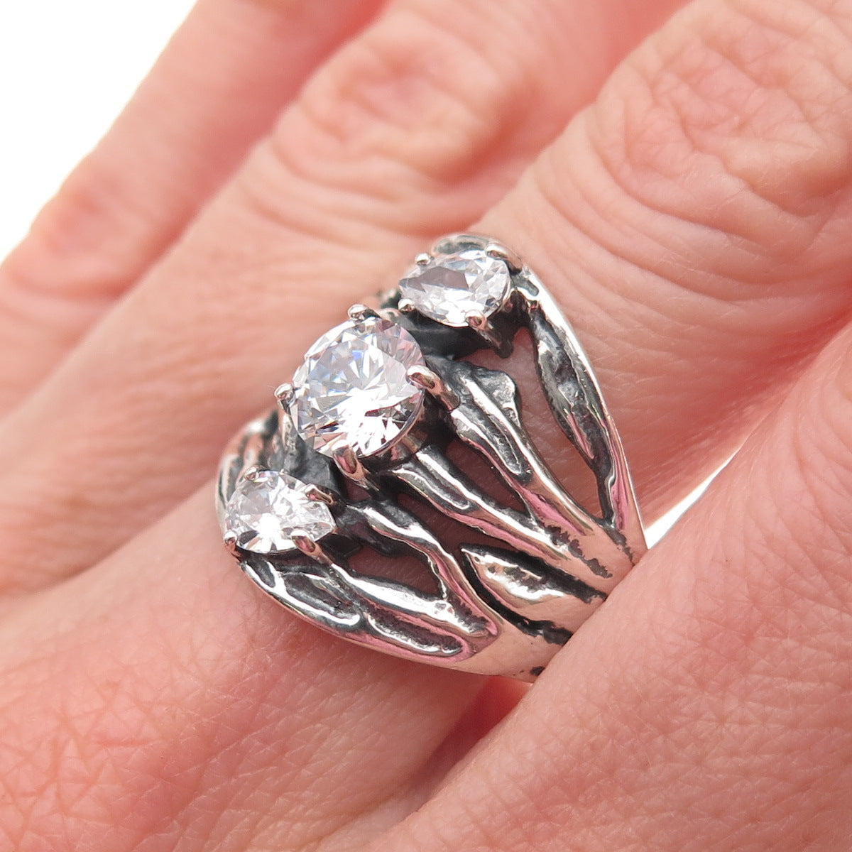 925 Sterling Silver Vintage Round & Pear-Cut C Z Modernist Oxidized Ring Size 10