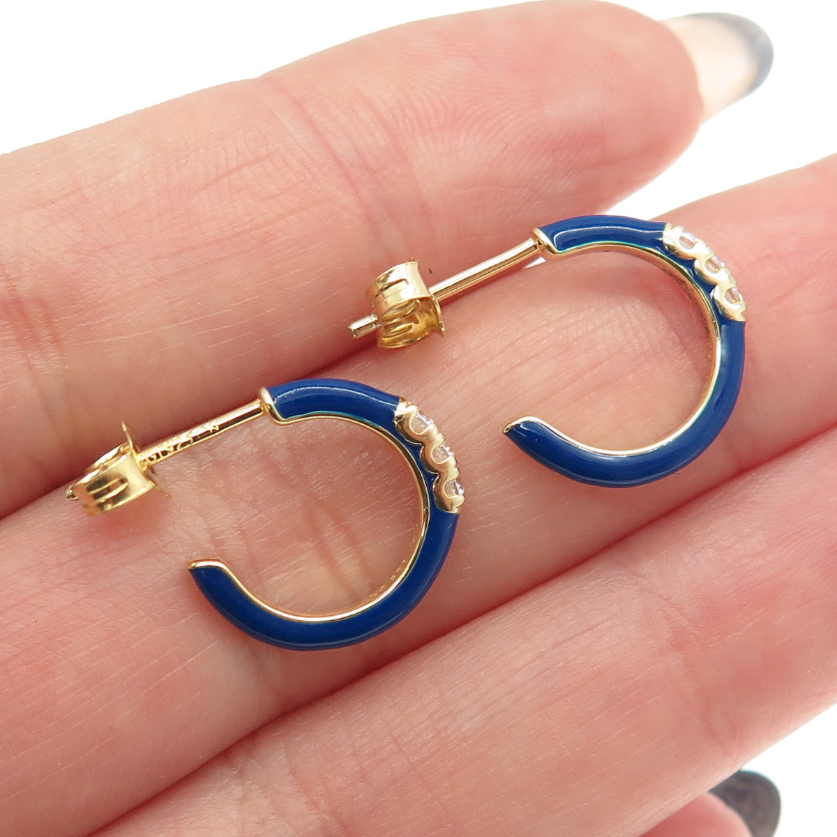 925 Sterling Silver Gold Plated C Z & Blue Enamel Half Hoop Earrings