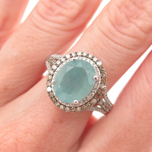 D'Joy 925 Sterling Silver Real Champagne Diamond & Aquamarine Ring Size 8