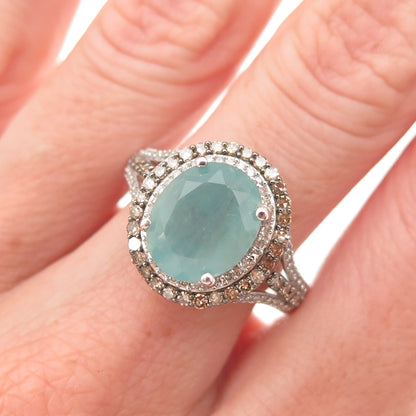 D'Joy 925 Sterling Silver Real Champagne Diamond & Aquamarine Ring Size 8