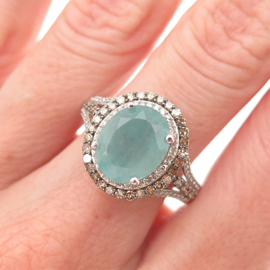 D'Joy 925 Sterling Silver Real Champagne Diamond & Aquamarine Ring Size 8