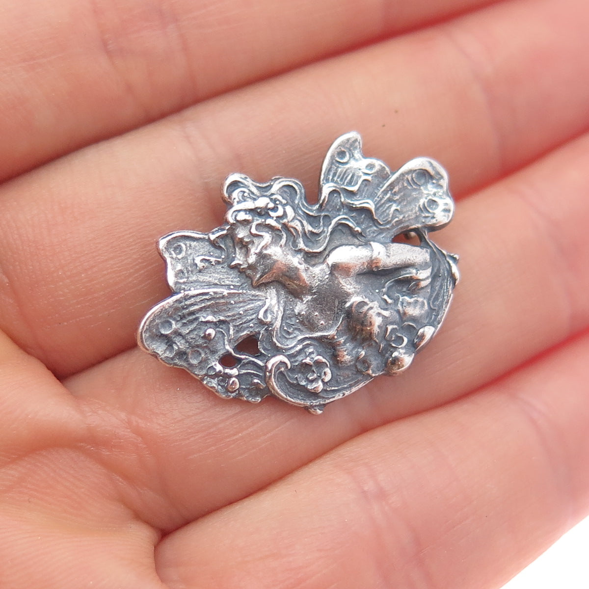 LISA LEE CREATIONS 925 Sterling Silver Vintage Fairy Oxidized Pin Brooch Pendant
