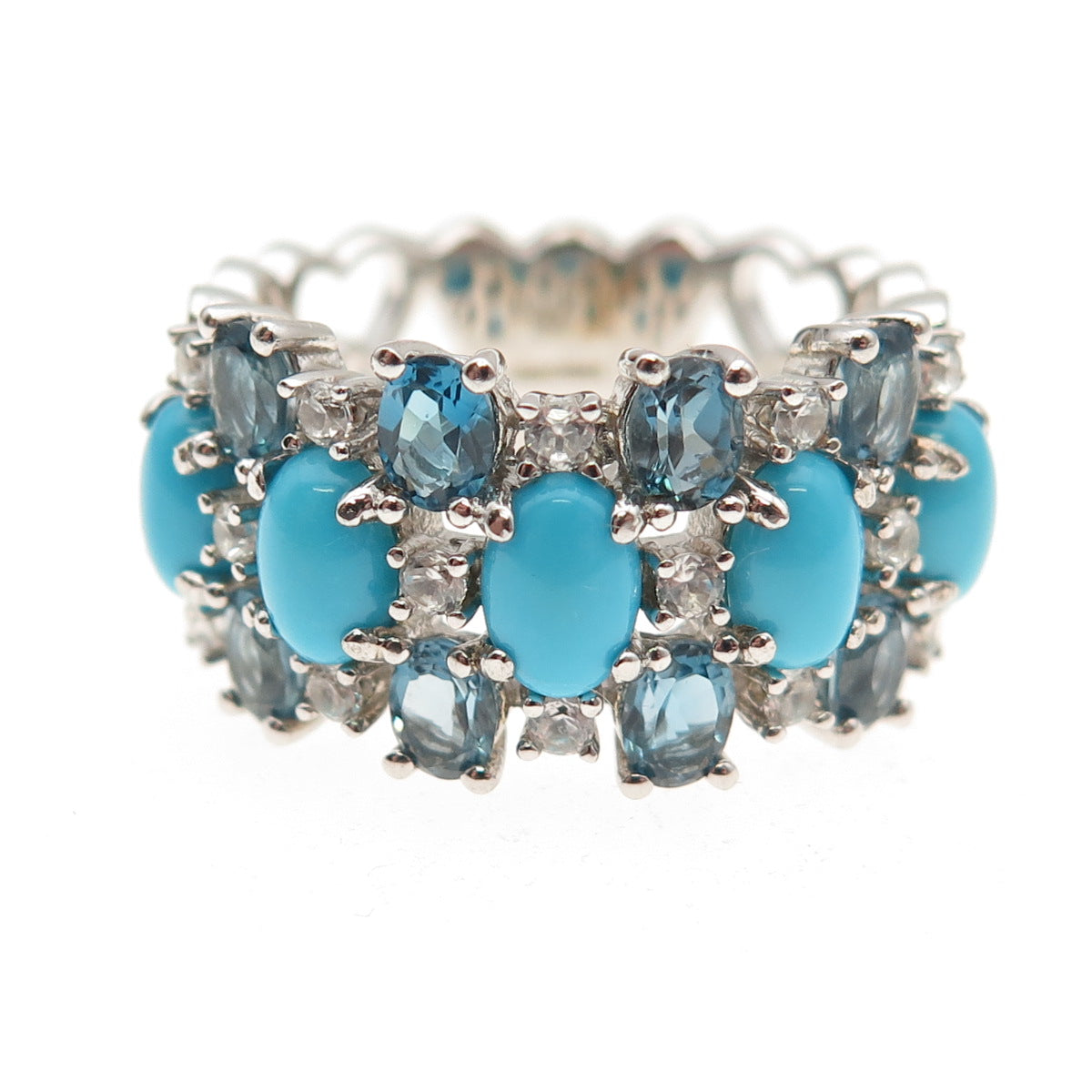 Pinctore Sterling Silver Real Turquoise London Blue & White Topaz Ring Size 8.25