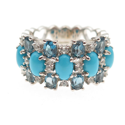 Pinctore Sterling Silver Real Turquoise London Blue & White Topaz Ring Size 8.25