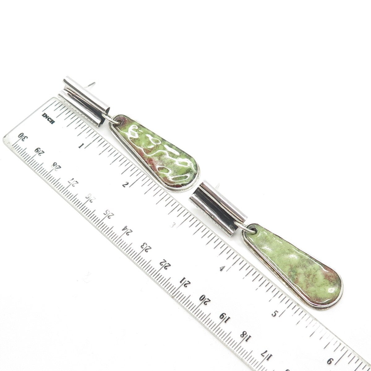 925 Sterling Silver Vintage Modernist Green Ceramic Dangling Earrings
