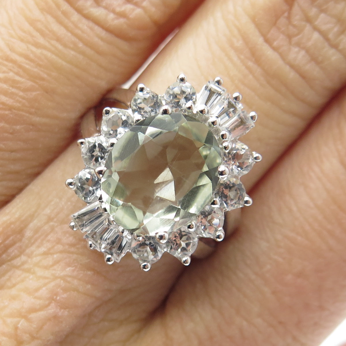 925 Sterling Silver Real Green Amethyst & White Topaz Ring Size 7