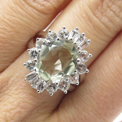 925 Sterling Silver Real Green Amethyst & White Topaz Ring Size 7