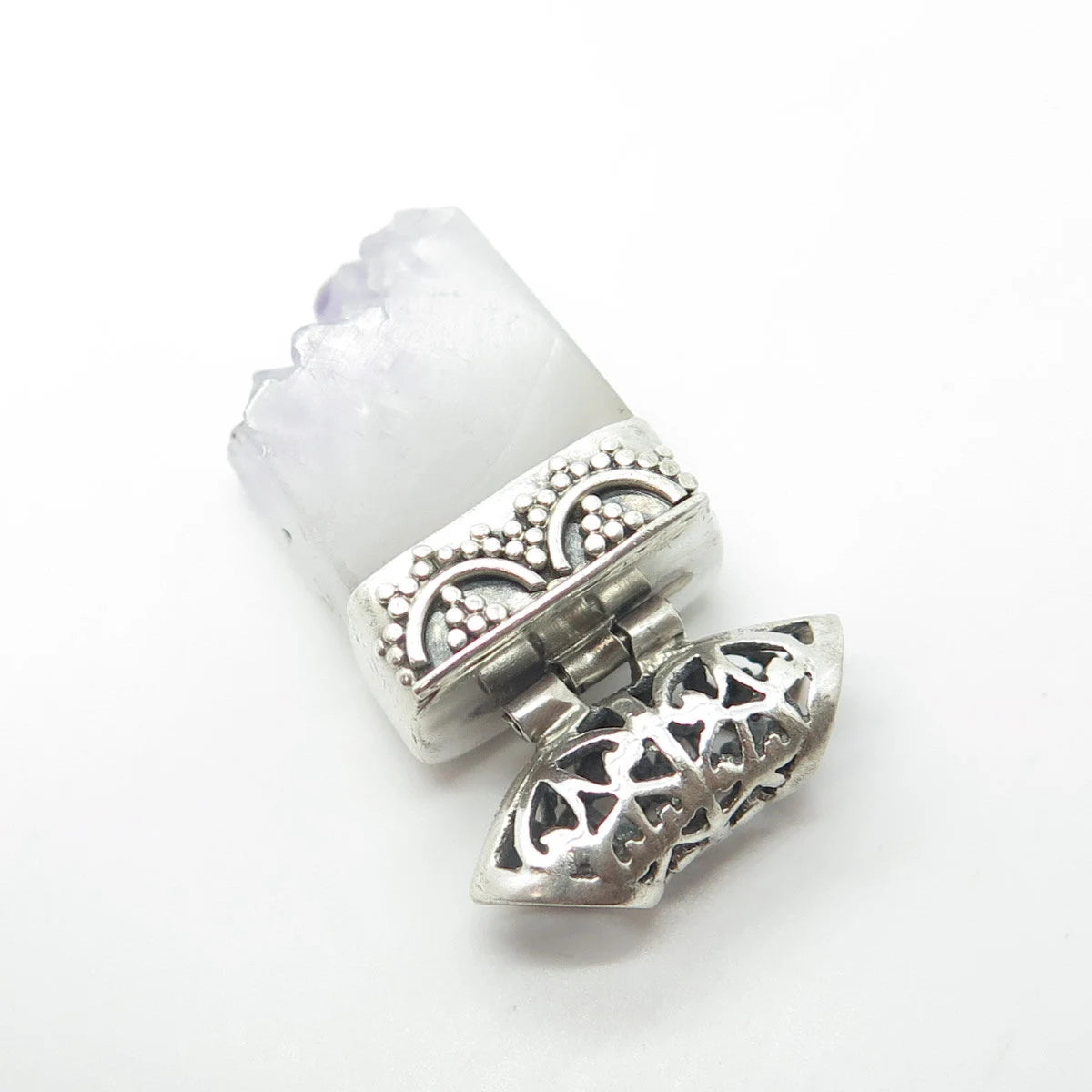 925 Sterling Silver Vintage Real Amethyst Gem Granulated Centerpiece Pendant