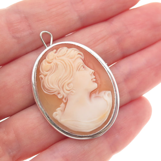 800 Silver Vintage Real MOP Carved Lady Cameo Pin Brooch / Pendant