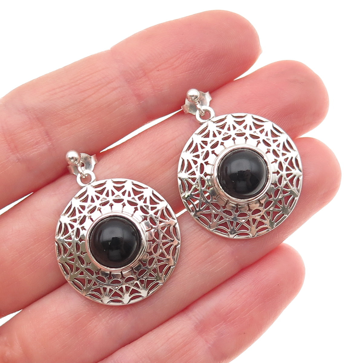 MG Michal Golan 925 Sterling Silver Vintage Real Black Onyx Disc Dangle Earrings