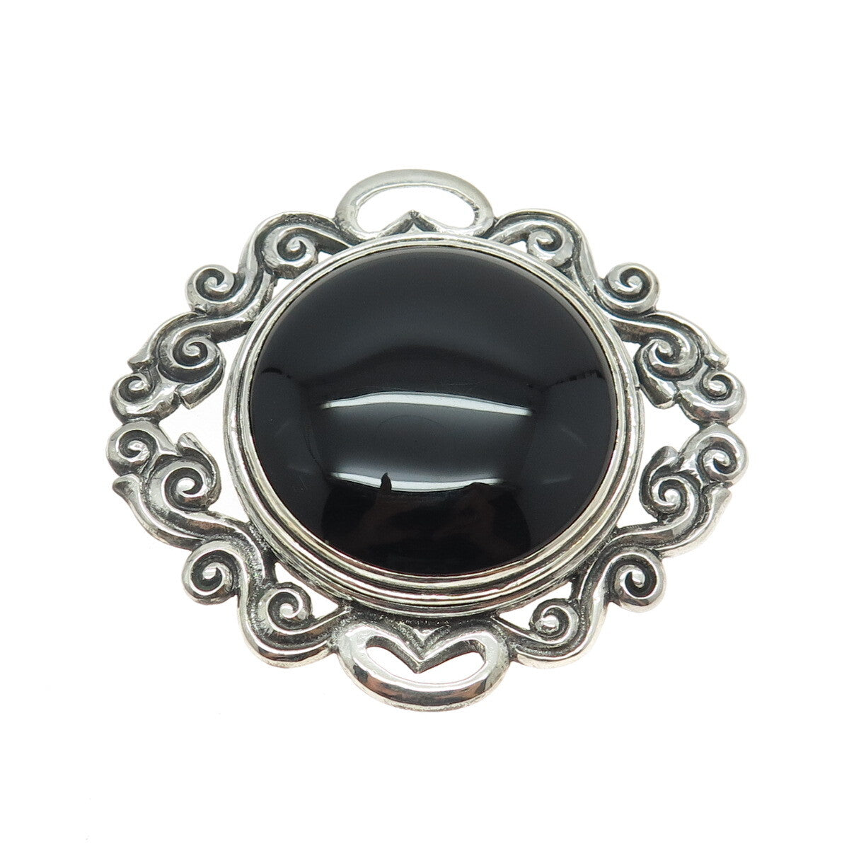 925 Sterling Silver Vintage Real Cabochon Black Onyx Ornate Pin Brooch