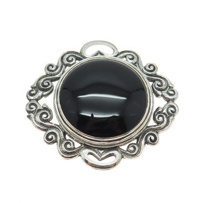 925 Sterling Silver Vintage Real Cabochon Black Onyx Ornate Pin Brooch