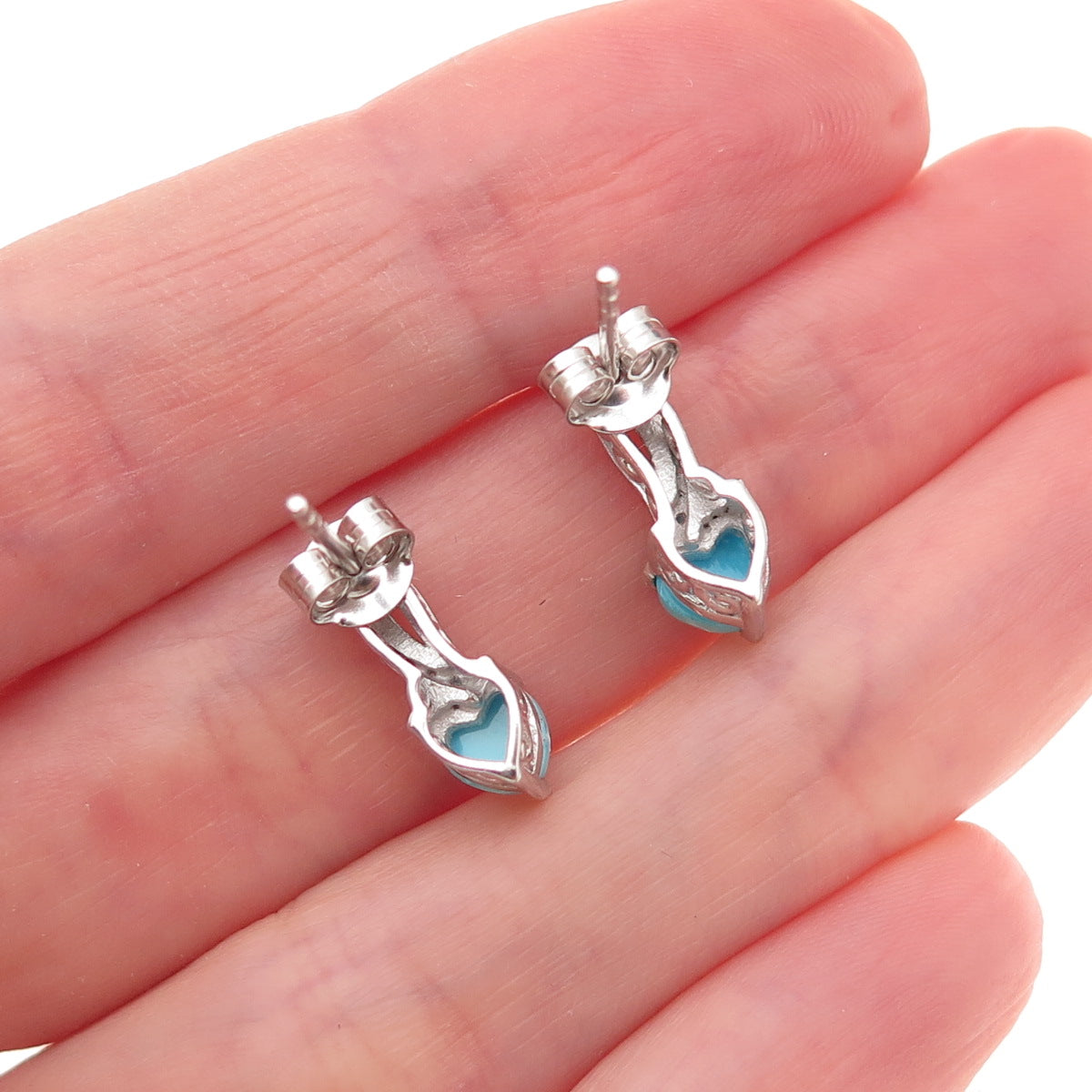 Chuck Clemency 925 Sterling Silver Real Turquoise & White Topaz Heart Earrings