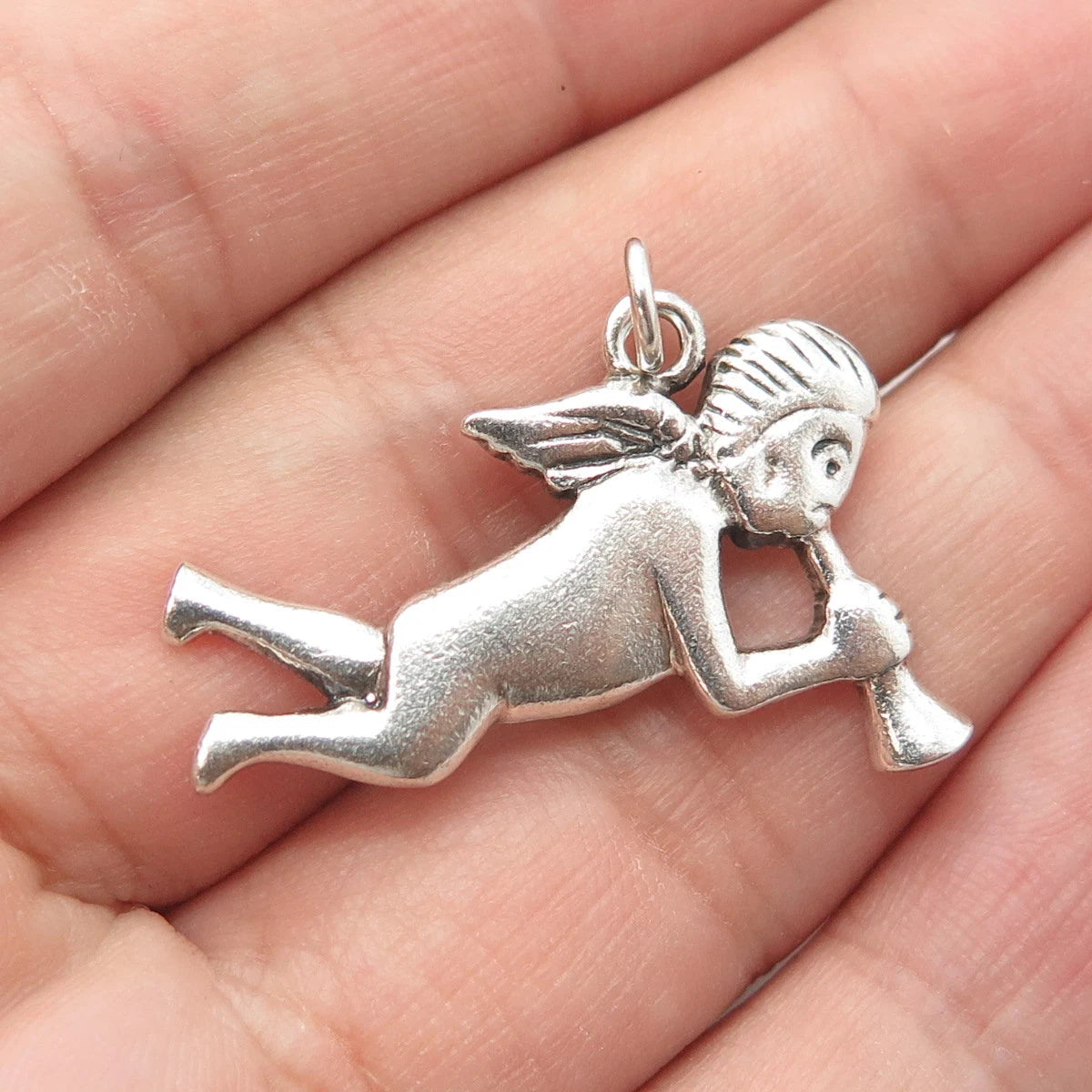 925 Sterling Silver Vintage Cherub & Horn Repousse Pendant