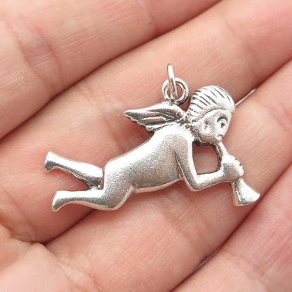 925 Sterling Silver Vintage Cherub & Horn Repousse Pendant