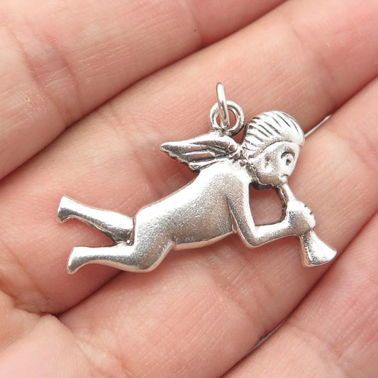 925 Sterling Silver Vintage Cherub & Horn Repousse Pendant