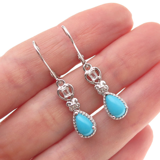 Chuck Clemency 925 Sterling Silver Real Turquoise & White Topaz Dangle Earrings