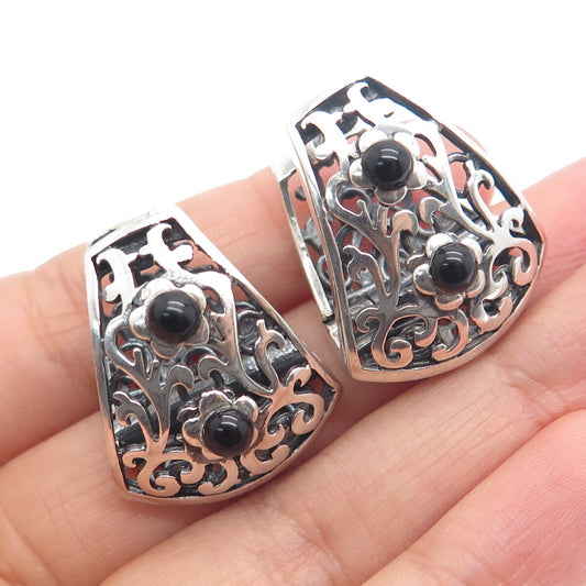 925 Sterling Silver Vintage Real Black Onyx Ornate Oxidized Earrings