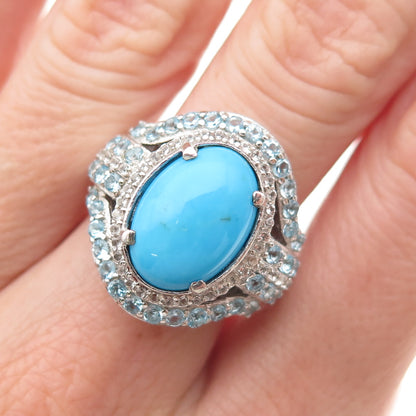 Chuck Clemency 925 Sterling Silver Real Turquoise White & Blue Topaz Ring Size 8