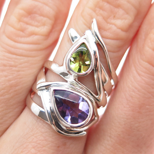HAGIT GORALI 925 Sterling Silver Vintage Real Amethyst & Peridot Ring Size 7.25
