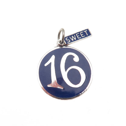 925 Sterling Silver Vintage Enamel Sweet 16 Round Tag Charm Pendant