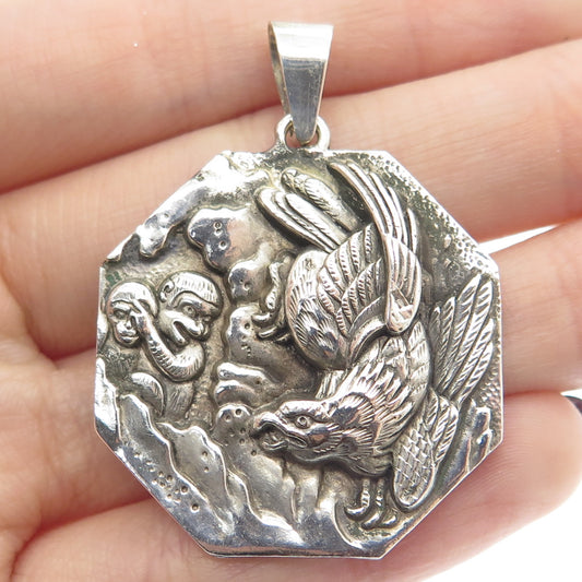 925 Sterling Silver Antique Chinese Export Monkey & Eagle Storyteller Pendant