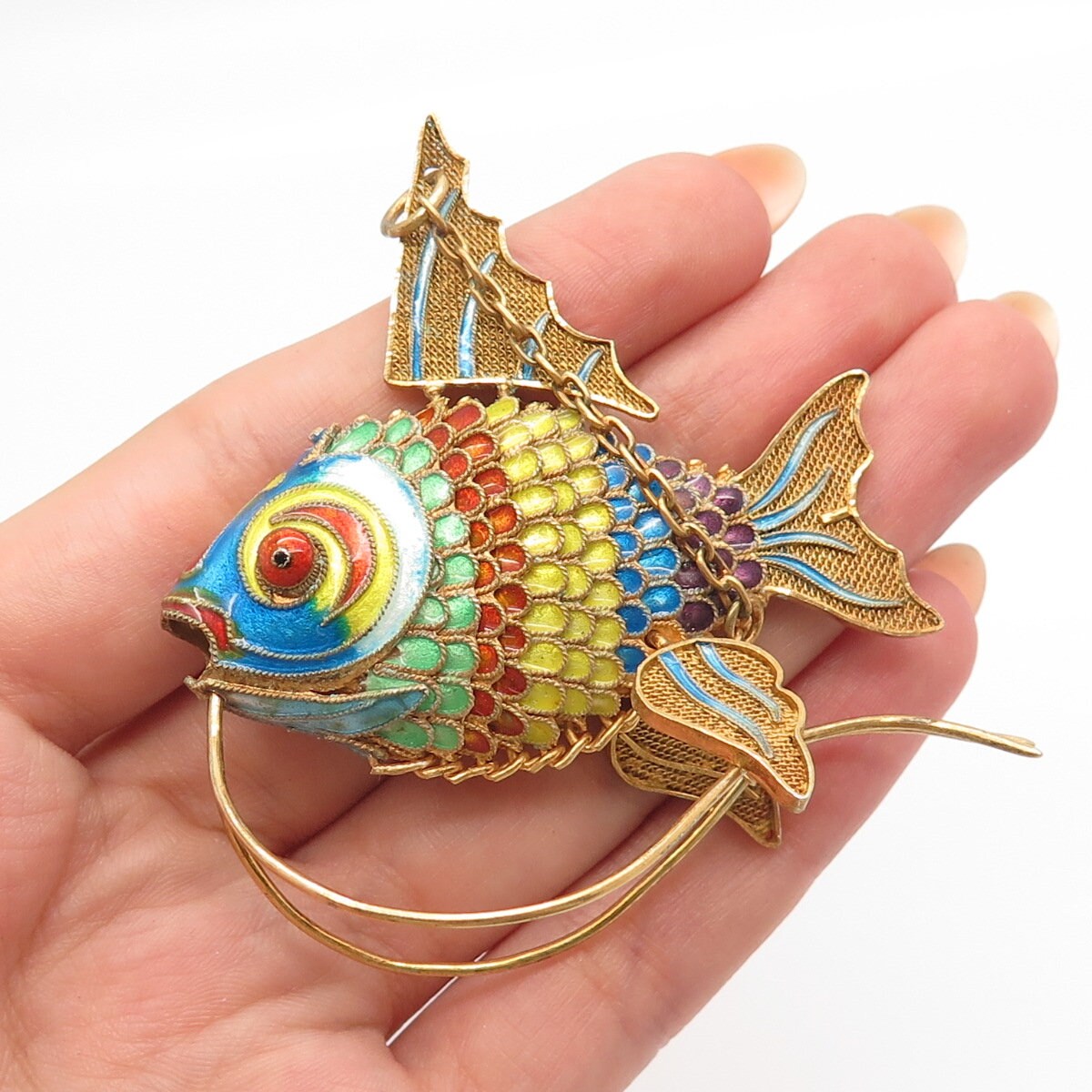 925 Sterling Silver Gold Plated Antique Enamel Articulated Chinese Fish Koi Fob