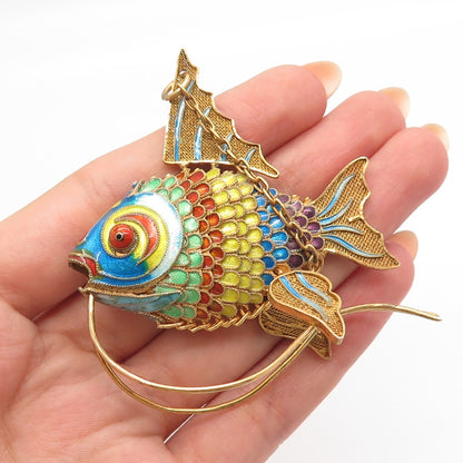 925 Sterling Silver Gold Plated Antique Enamel Articulated Chinese Fish Koi Fob