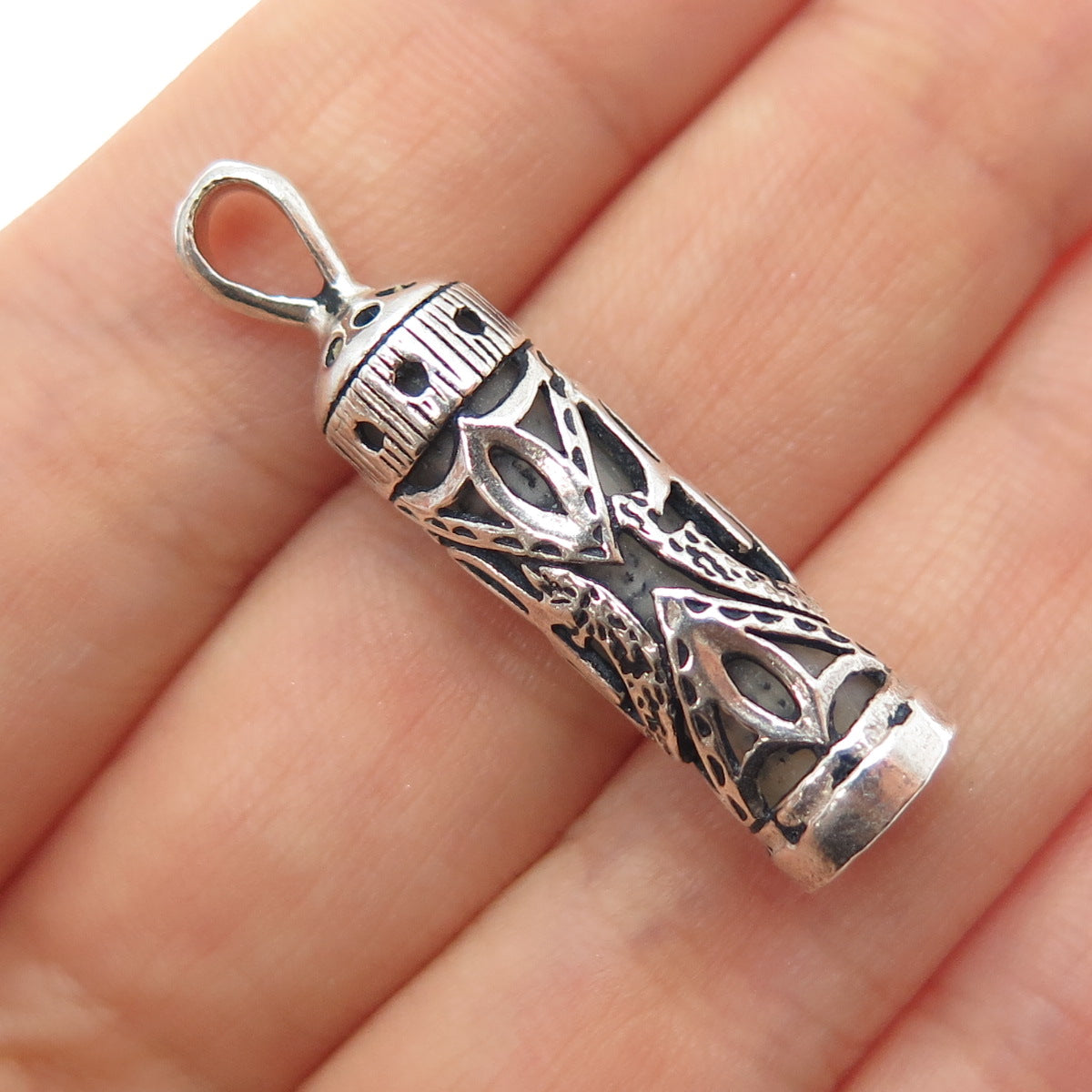 925 Sterling Silver Vintage Mezuzah Scroll Oxidized Charm Pendant
