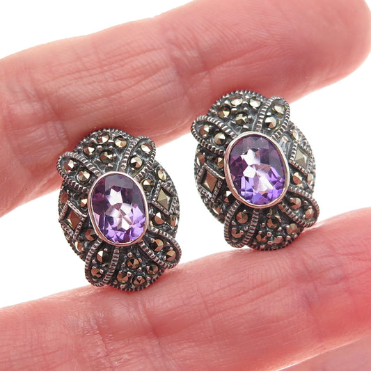 Judith Jack Sterling Silver Vintage Real Amethyst Marcasite Omega Back Earrings