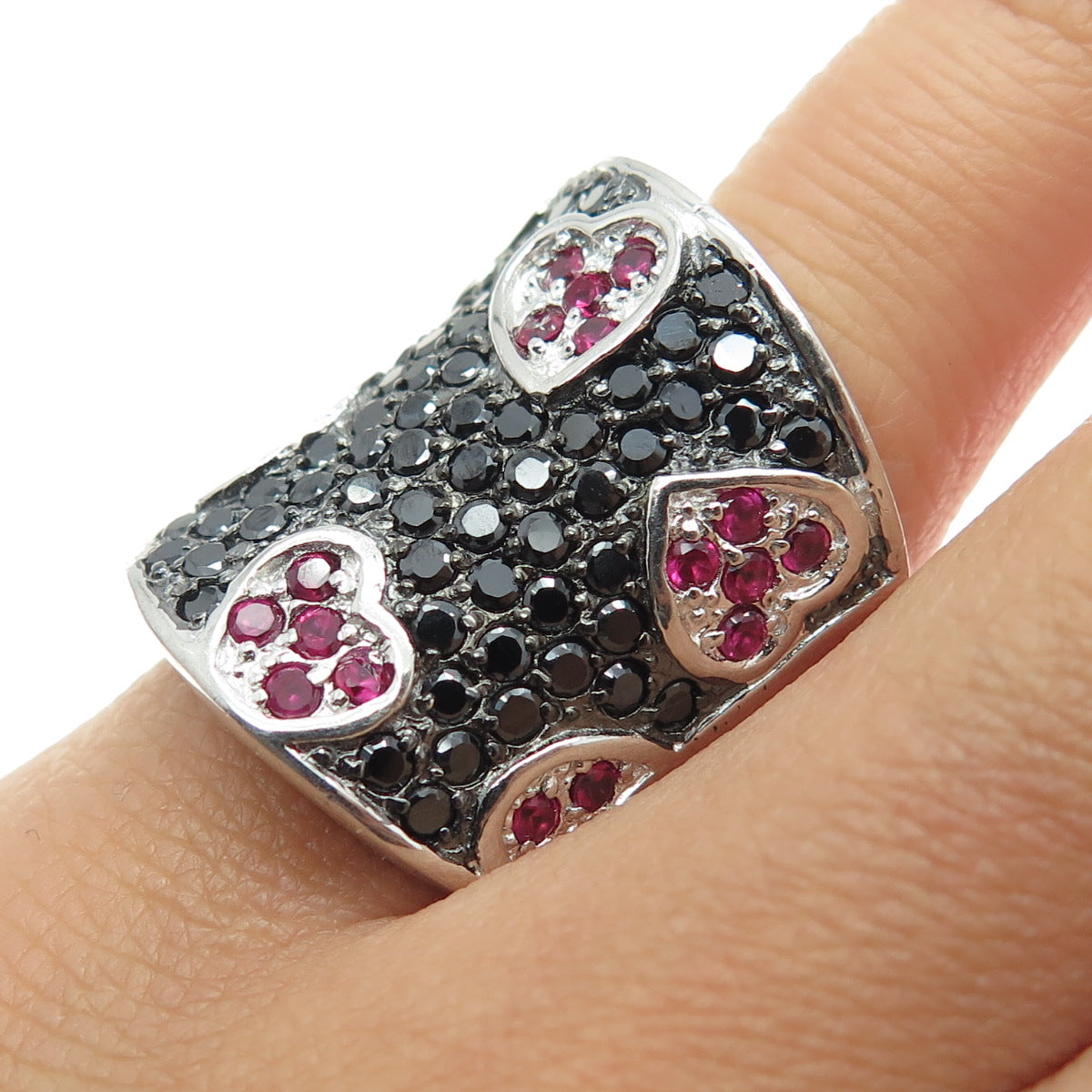 925 Sterling Silver Real Pink Sapphire & Black Spinel Heart Ring Size 5.75