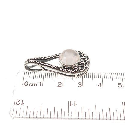 925 Sterling Silver Vintage Real Rose Quartz Heart Ornate Oxidized Slide Pendant